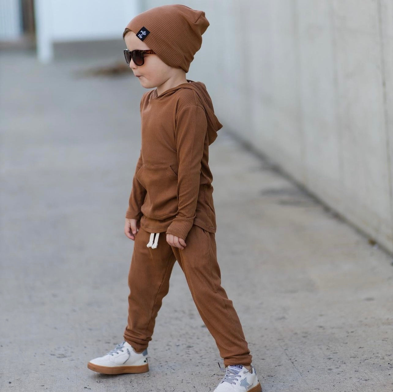 Millie + Roo Toffee Ribbed Pocket Hoodie